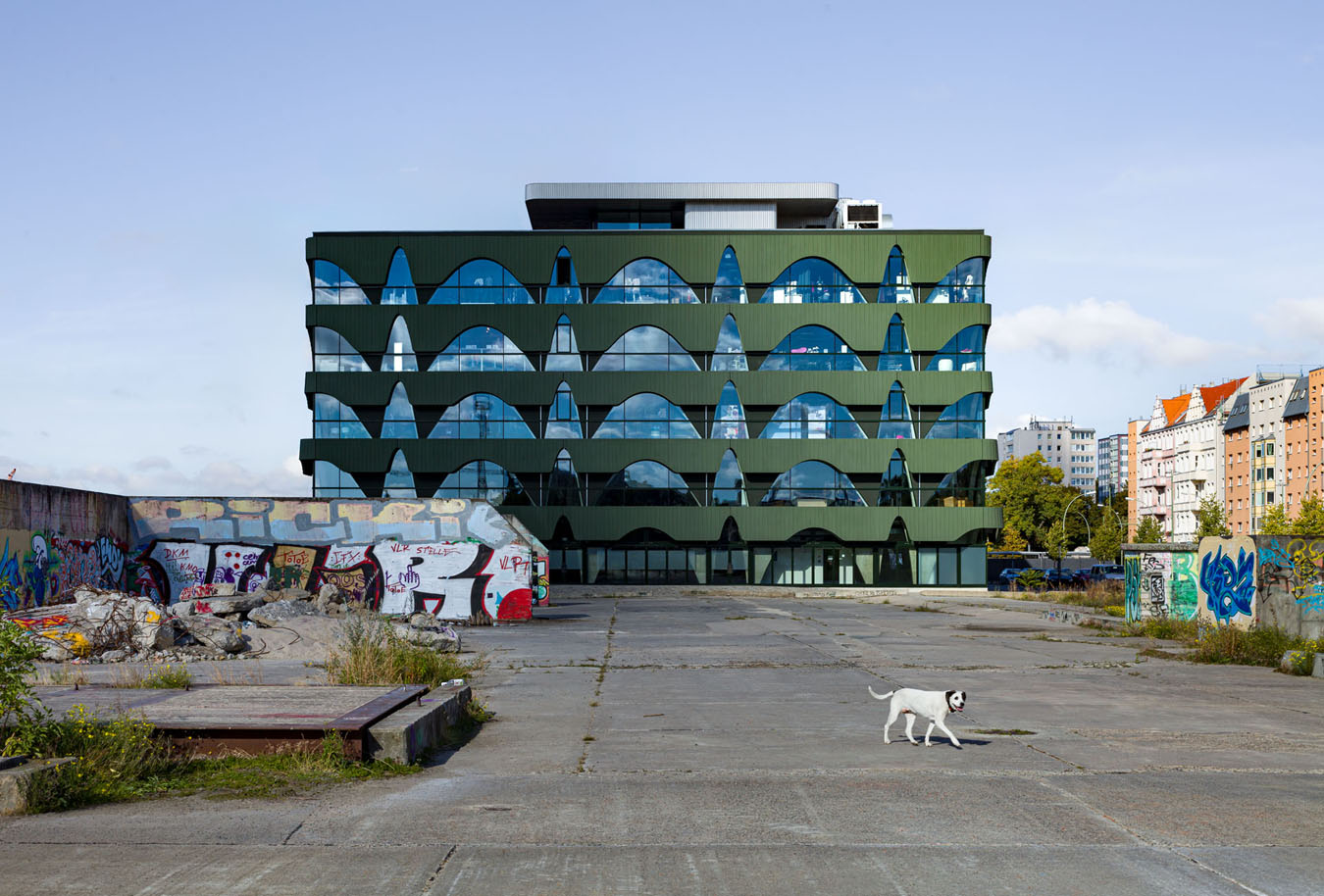 Modezentrum, Hund durchquert überraschend das Bild am Osthafen in Berlin.